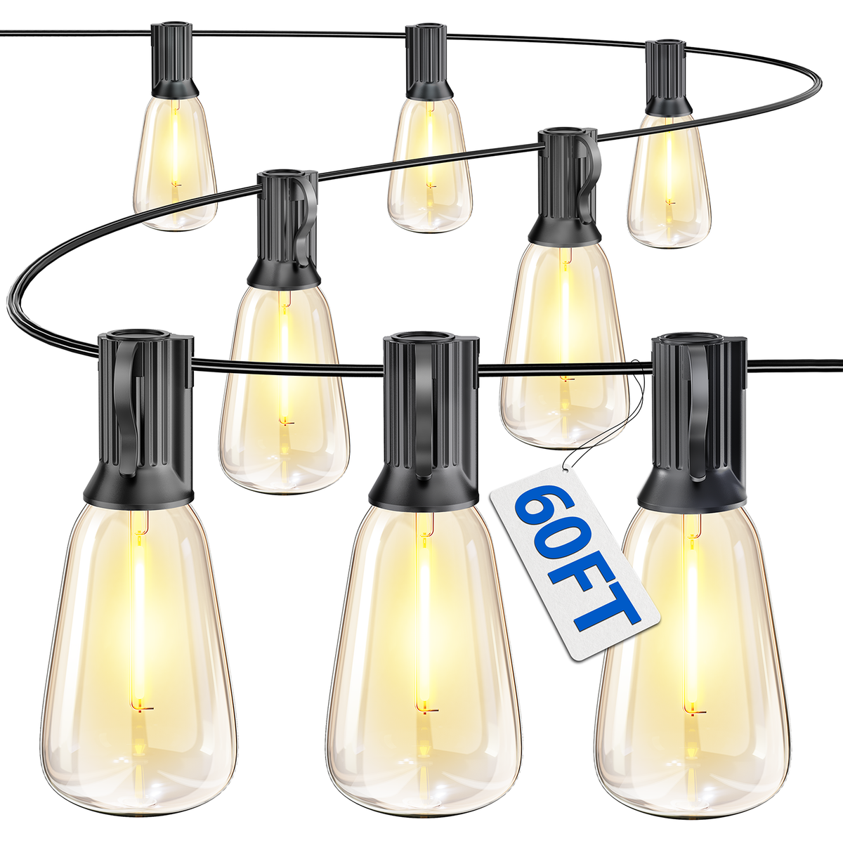 VIPAR Outdoor String Lights, 60FT LED Patio Lights Waterproof 28 ST38 Bulbs