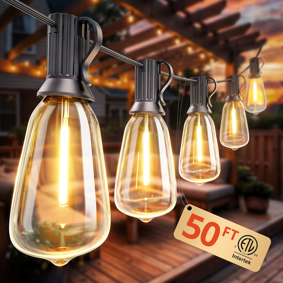 Outdoor String Lights 50FT, Patio Lights Outdoor Waterproof with 27 Bulbs