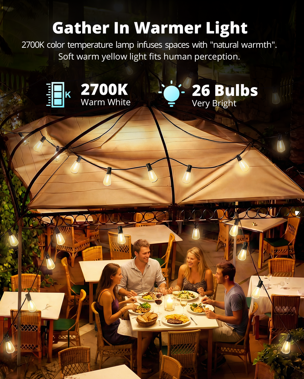 VIPAR Outdoor String Lights, 60FT LED Patio Lights Waterproof 28 ST38 Bulbs