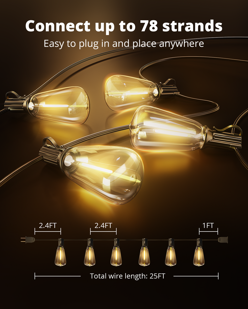 VIPAR Outdoor String Lights,25FT LED Patio Lights Waterproof 11 ST38 Bulbs