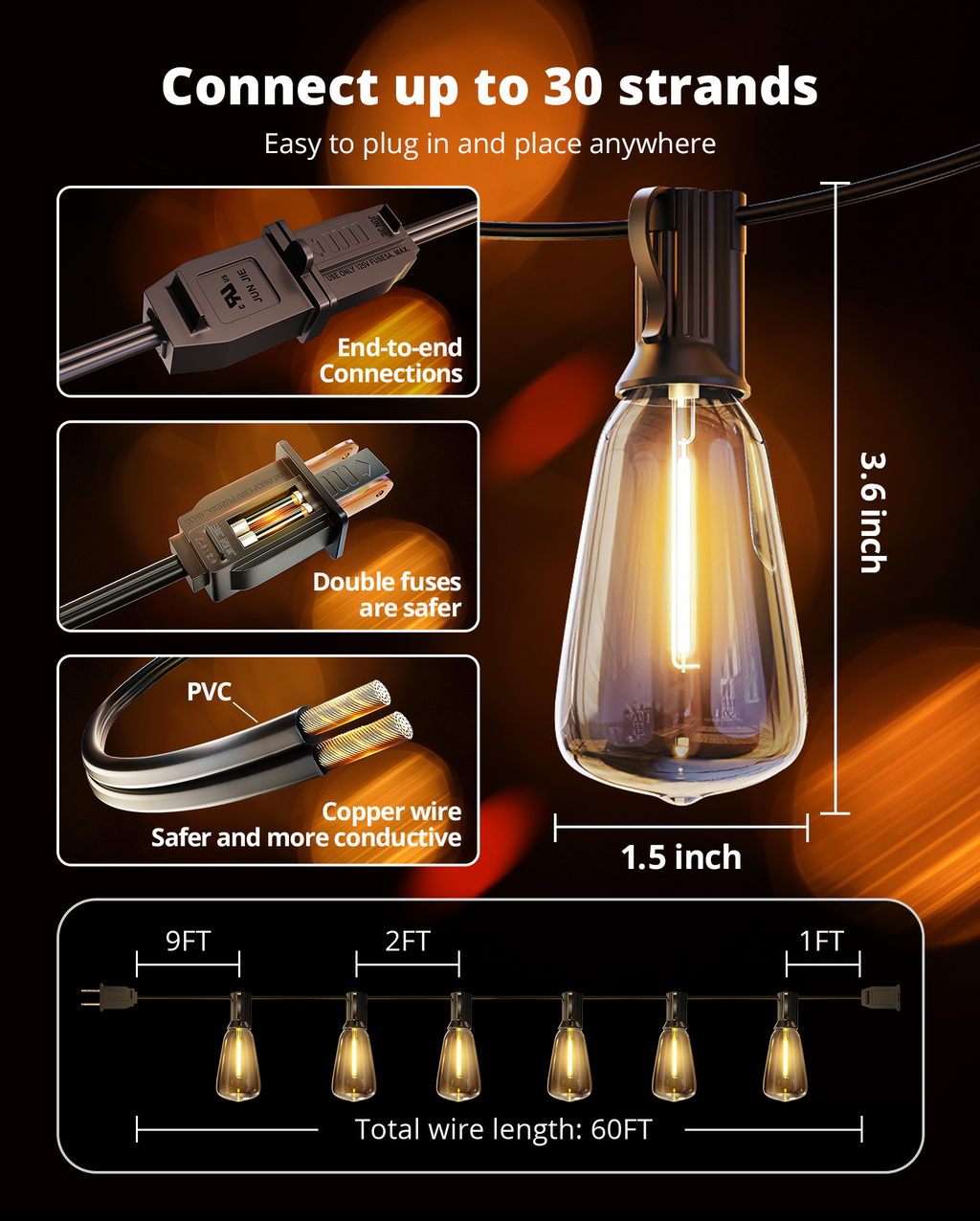 VIPAR Outdoor String Lights, 60FT LED Patio Lights Waterproof 28 ST38 Bulbs