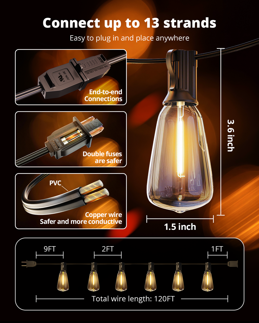 Outdoor String Lights 120FT, Outdoor Party Light with 58 Edison Lights Bulb