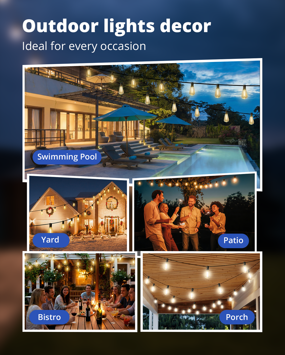 VIPAR Outdoor String Lights,100FT LED Patio Lights Waterproof 52 ST38 Bulbs