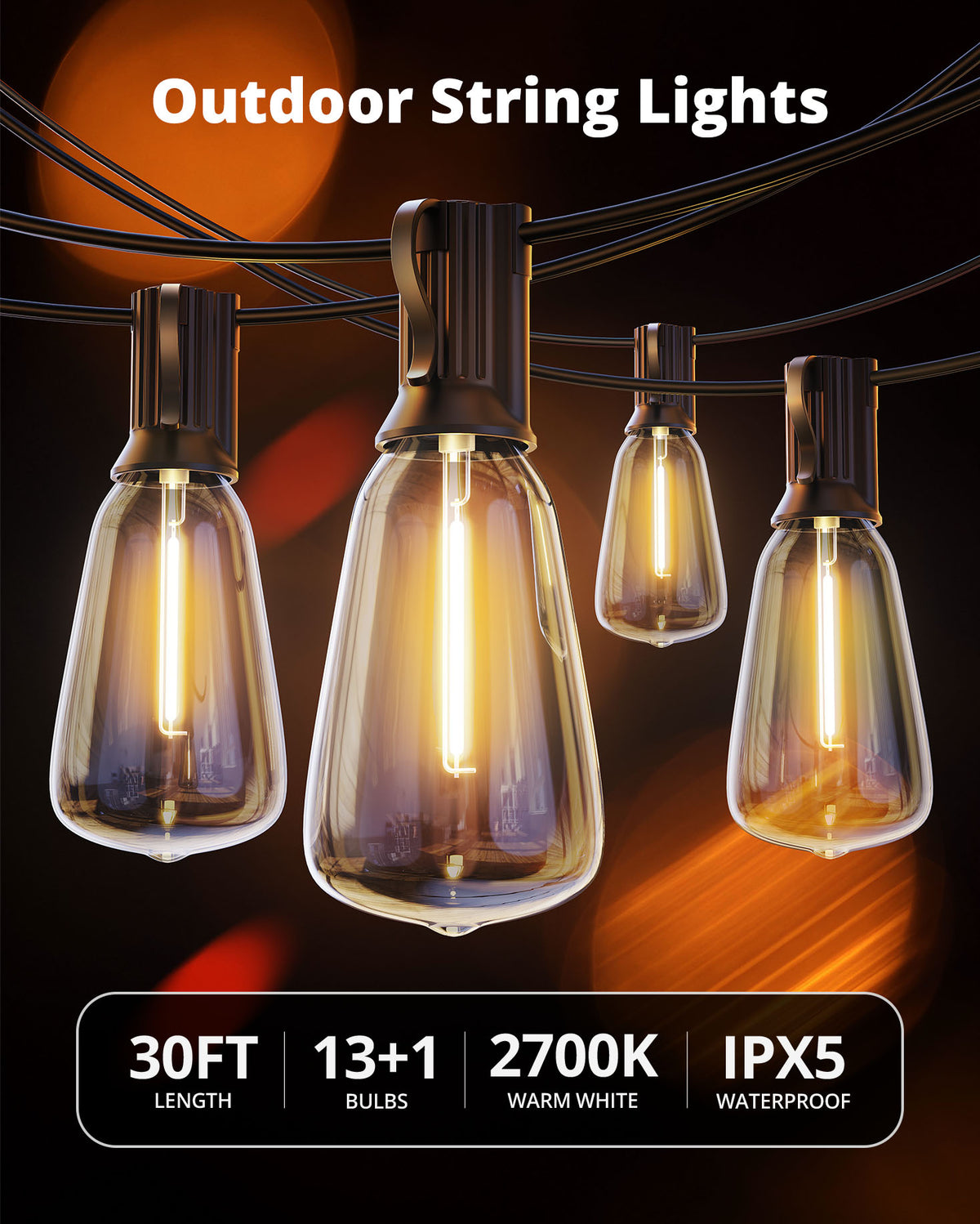 VIPAR Outdoor String Lights, 30FT LED Patio Lights Waterproof 14 ST38 Bulbs