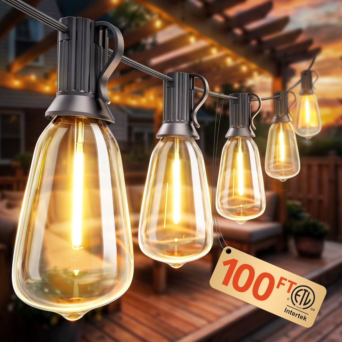 VIPAR Outdoor String Lights,100FT LED Patio Lights Waterproof 52 ST38 Bulbs