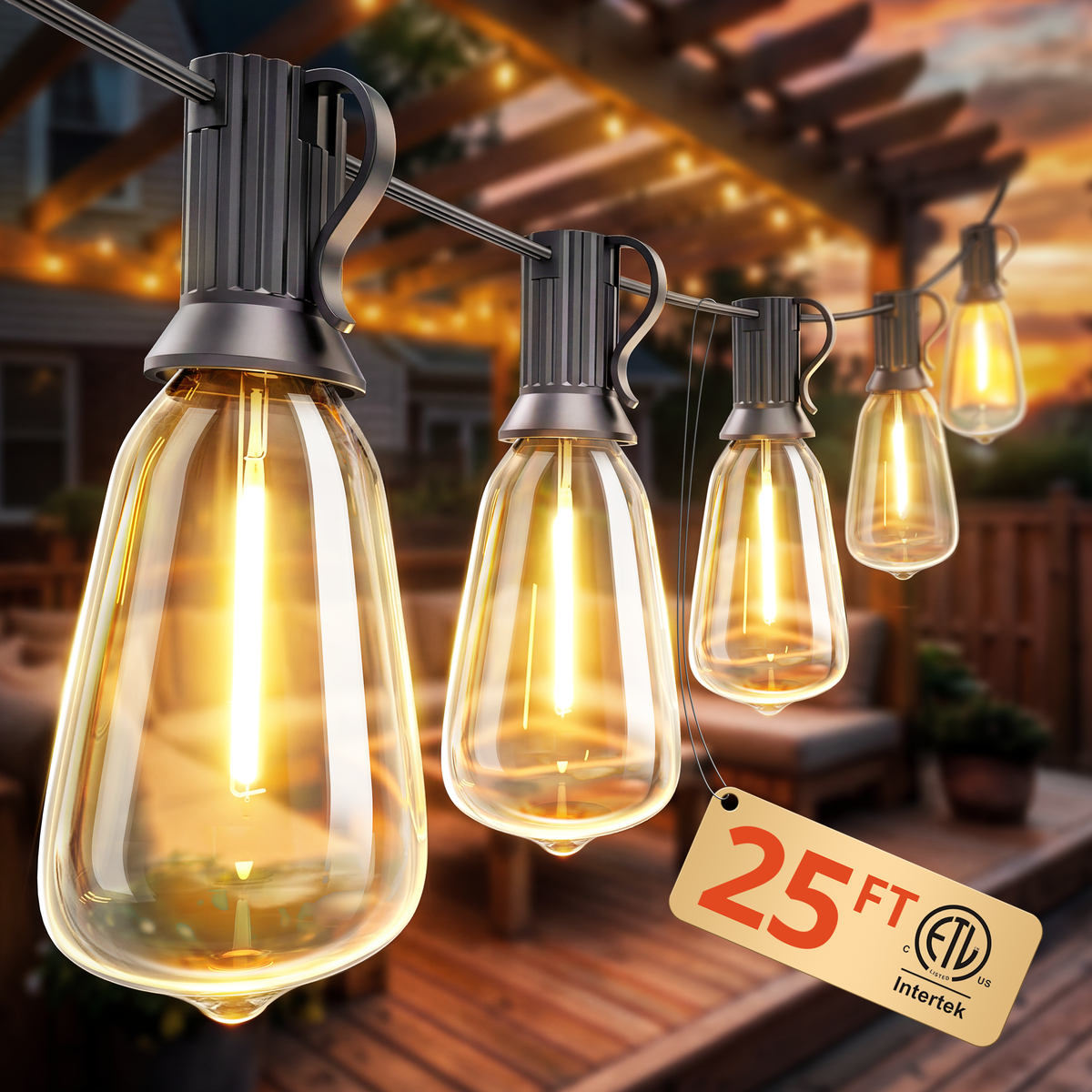 VIPAR Outdoor String Lights,25FT LED Patio Lights Waterproof 11 ST38 Bulbs